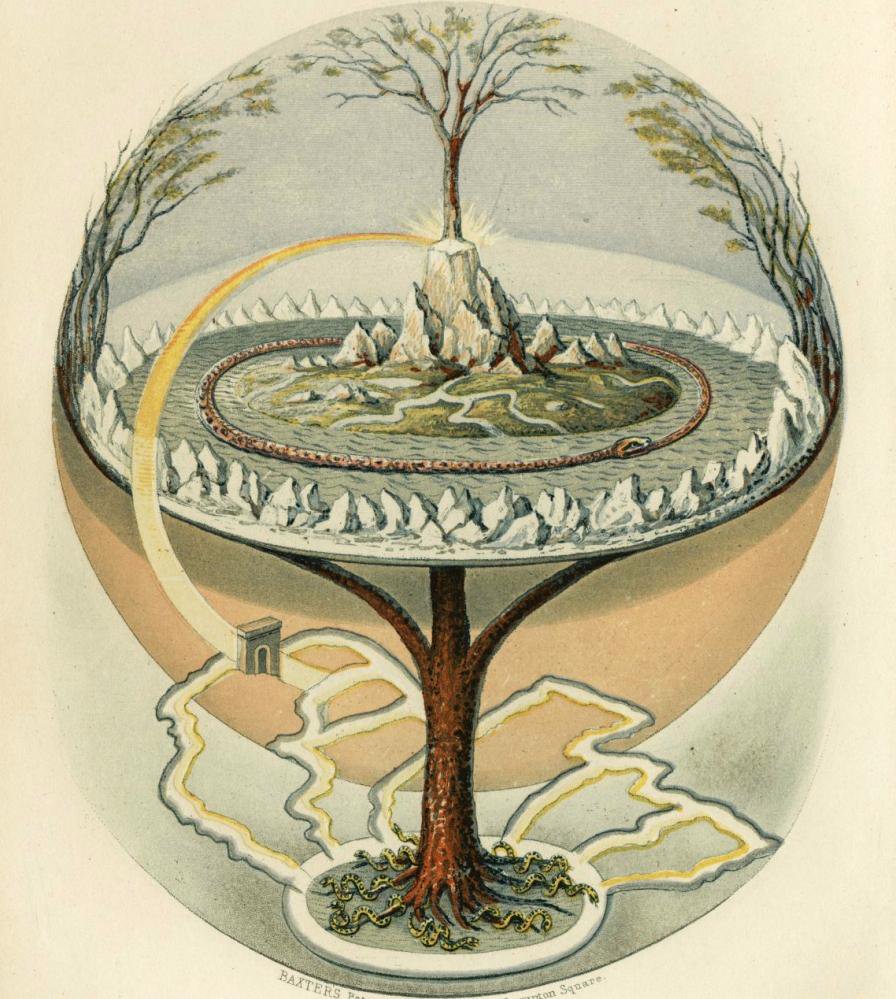 An image from the Prose Edda, by Oluf Olufsen Bagge (1847), depecting Yggdrasil, because in this article we climb down trees to dig into the underworld.